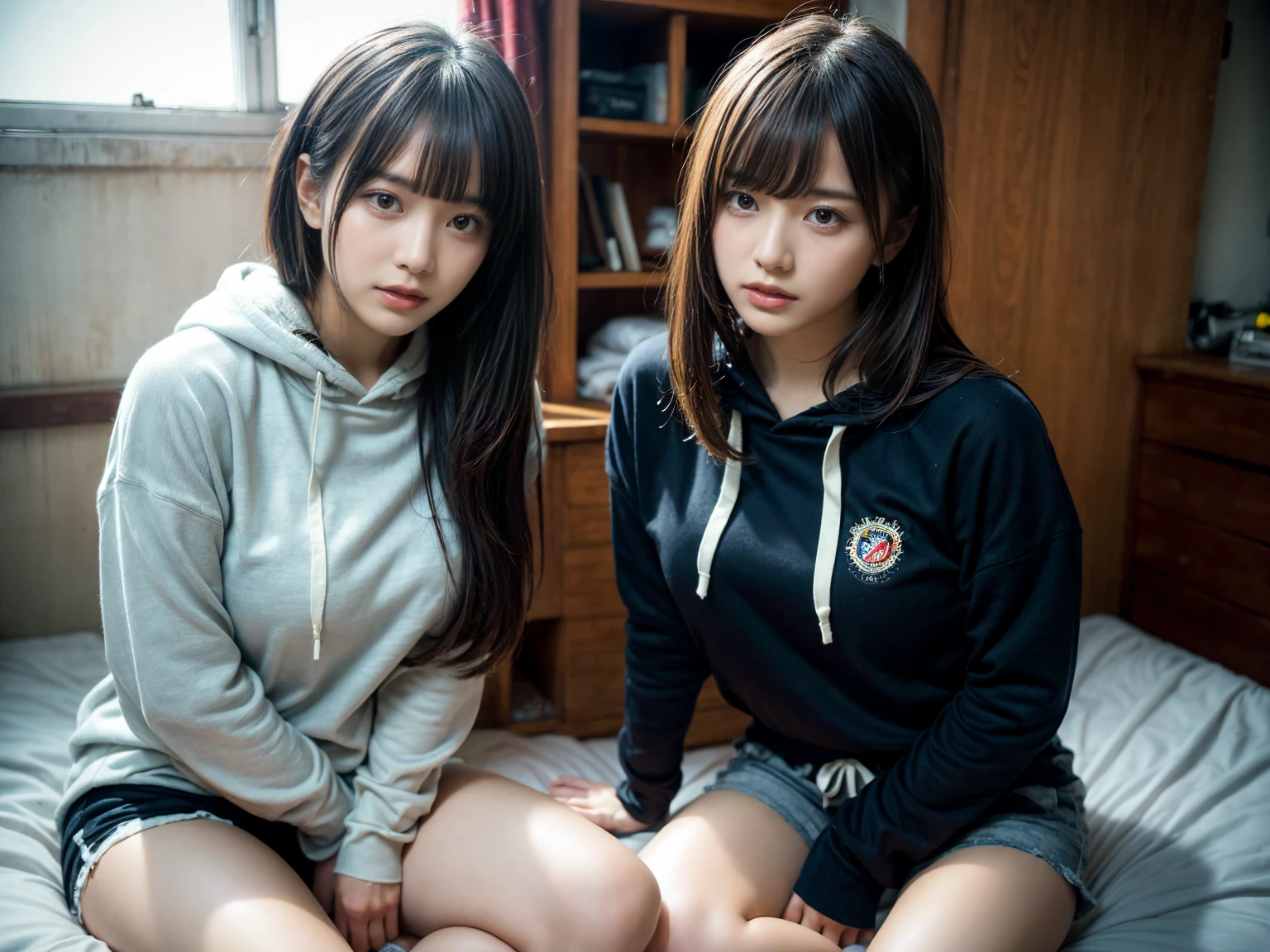 masterpiece, best quality, illustration, Super detailed, fine details, High resolution, 8K,wall paper, perfect dynamic composition,(Details High quality, realistic depiction of eyes:1.3), ((2 girls)),Tattered clothes, (slum quarters), The collapsed room, Inside the barrack tent, refuge, wearing a tattered and dirty black hoodie., Wearing baggy pants, dirty body, Tragic, (Messy long hair), Layered Cut,Play with each other,Touching each other's bodies,Touching the body of the girl next door, black hair color, Big Natural Color Lip, crying a little、cold gaze, Harajuku style、20 year old girl、cute type、lolita, Gravure Idol, full body photo、beautiful legs, Voluptuous thighs,, huge breasts
