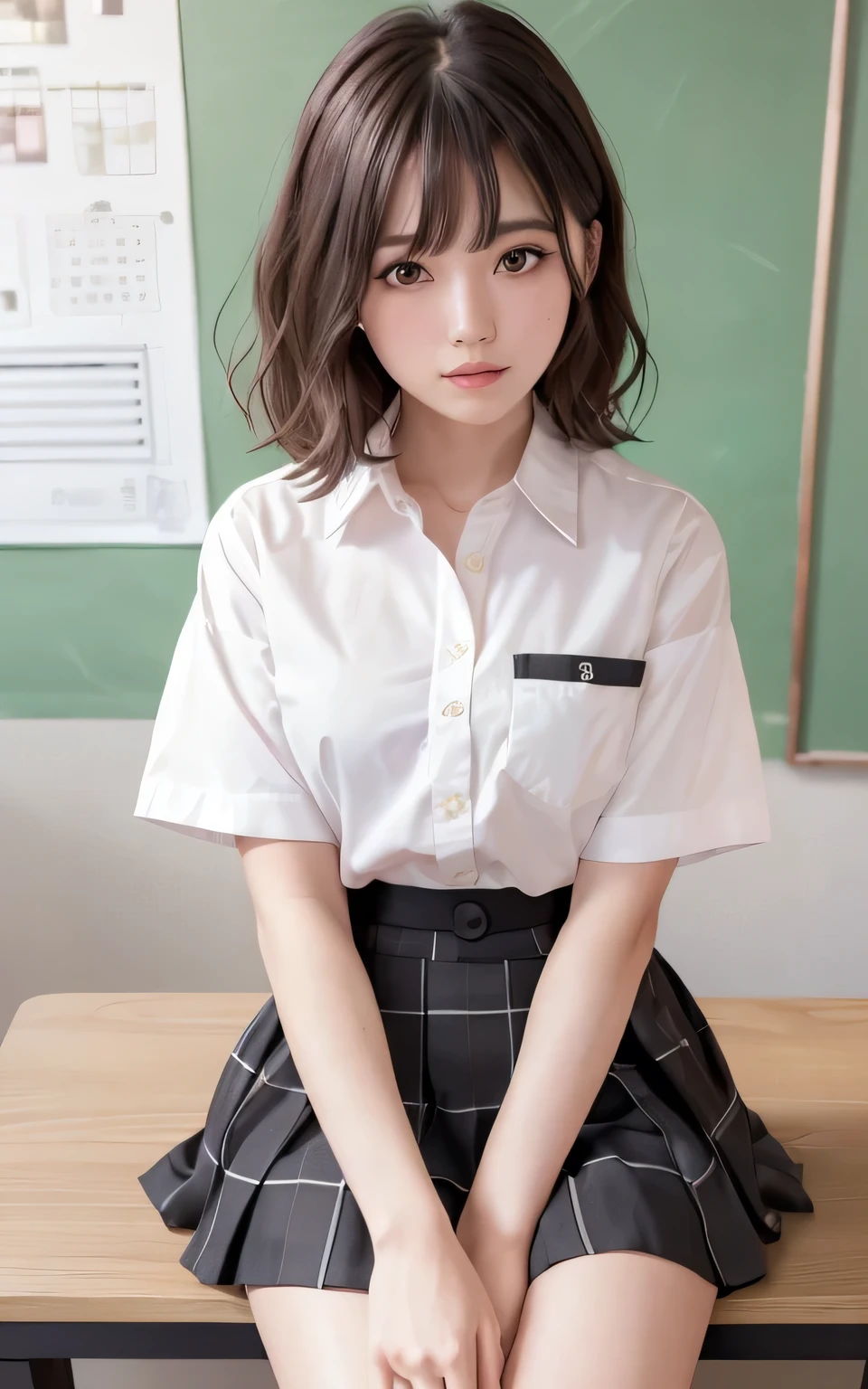 ((Tabletop, Highest quality, High resolution, Hmph, Pixel perfect, 4K, Hmph, Hmph))), One Girl, single, alone, Beauty、The whole body is visible、 ((Short Wavy Hair, bangs, Brown Hair)), ((Brown eyes, Beautiful eyelashes, Realistic eyes)), ((Detailed face, blush:1.2、Please lift your head and open your mouth a little.、Close ~ eyes)), ((Smooth texture:0.75, Realistic texture:0.65, Realistic:1.1, Anime CG style)), Medium chest, Dynamic Angle, Perfect body, ((school uniform,  White shirt, Black Skirt, Unbuttoned shirt、Checked skirt、I'm not wearing shoes、White Sox)), An empty classroom、Sit at a desk、Lower&#39;I took my feet off the desk.................................、evening、、、Very embarrassing panic smile、(Lift up your skirt with your right hand、Spread your legs、Open your knees wide、Yellow floral lace panties)、、(Cute floral bra)、Angle from below