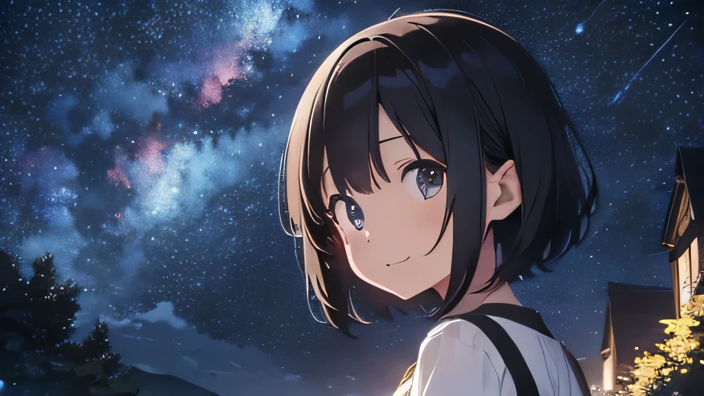 men and women, friend,Starry Sky,masterpiece,best quality,super fine illustration,8k,anime style,beautiful background,break black hair,short hair,smile,face to face