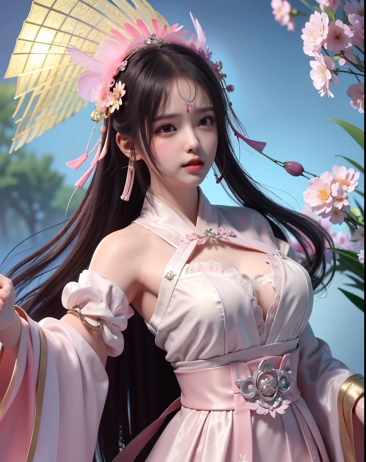 (8k, RAW photo:1.2), best quality, ultra high res,dramatic angle,(fluttered detailed color splashs), (illustration),(((1 girl))),(long hair),(rain:0.9), (Headdress:1.4),There is an ancient palace beside the girl,Hanfu,(Key Points),Color ink painting,(Splash of Color),Splash of Color,(((colorful))),(sketch:0.8) , Masterpiece, best quality, beautiful painted, highly detailed,(denoising:0.6),[splash ink],((ink refraction)), (beautiful detailed sky),moon,highly,detaild,(masterpiece, best quality, extremely detailed） CG Unity 8k Wallpaper，masterpiece，best quality，Ultra Detailed），（Lycoris）. hanfu open v open V-chested clothes Thin silk lace dress , (huge ，cleavage),, white pinkand gren，best qualtiy，tmasterpiece，Ultra-high resolution，（Reality：1.4），RAW photogr，（True skin texture：1.3），（filmgrain：1.3），（Selfie angle），1个Giant Breast Girl，Beautiful eye and face details，tmasterpiece，Best quality at best，，The chest more exposed， detailed hair, bra pink , detail 8k, upper body, lace petticoat