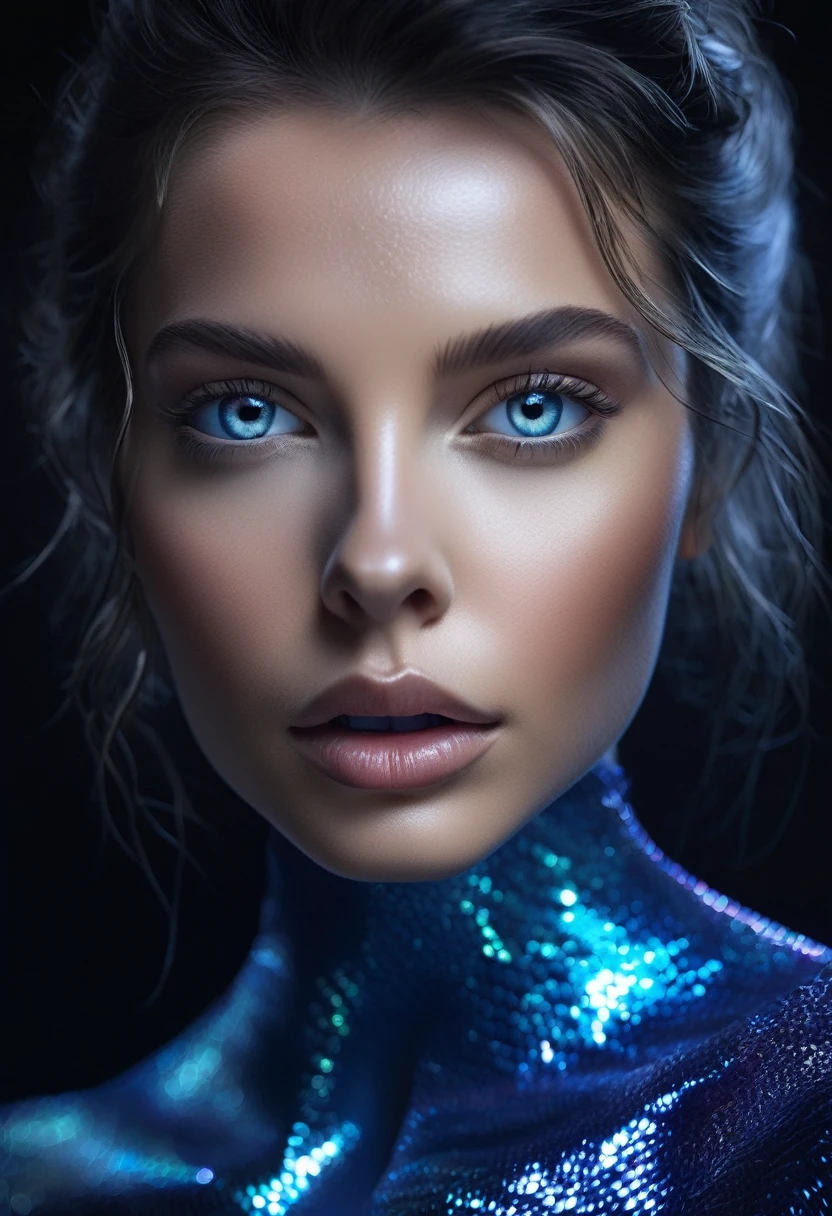 8K,Best quality, masterpiece, ultra high res, (photorealistic:1.4), raw photo, (Authentic skin texture:1.3), (film grain:1.3), (selfie angle), woman beautiful detailed deep blue eyes and face, masterpiece, best quality, close-up, black n white, Broken Glass effect, no background, stunning, something that even doesn't exist, mythical being, energy, molecular, textures, iridescent and luminescent scales, breathtaking beauty, pure perfection, divine presence, unforgettable, impressive, breathtaking beauty, Volumetric light, auras, rays, vivid colors reflects