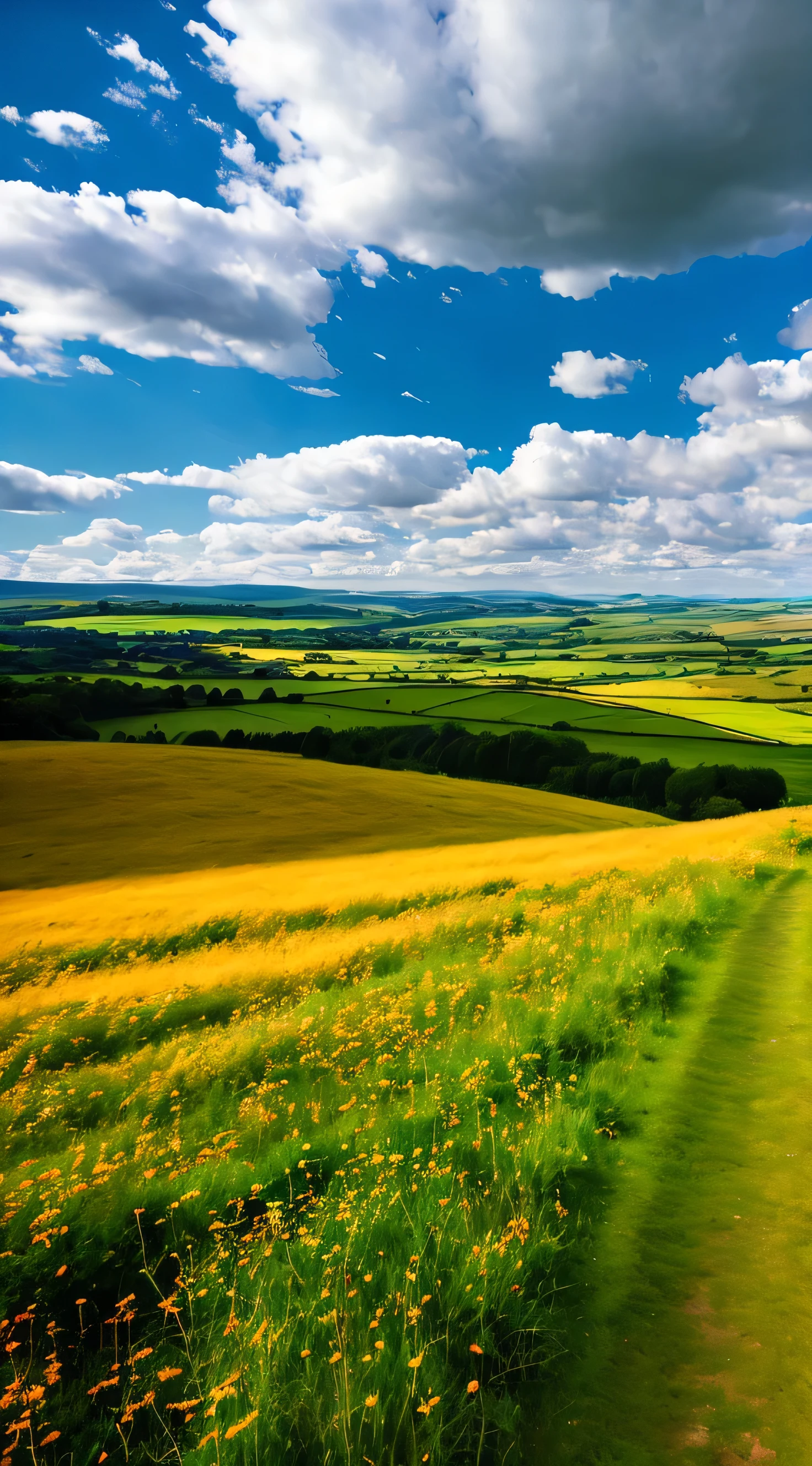 steppe landscape,blues sky and clouds, Green Forest, A country road,Colorful hot air balloons,High quality desktop wallpaper, Verdant forest, Detailed field properties, Beautiful English countryside, Stunning scenery, Rolling Hills, Landscape Wallpaper, Lush countryside, Patches of Green Forest, Stunning scenery, Green fields in the background, High quality wallpaper, Beautiful wallpapers