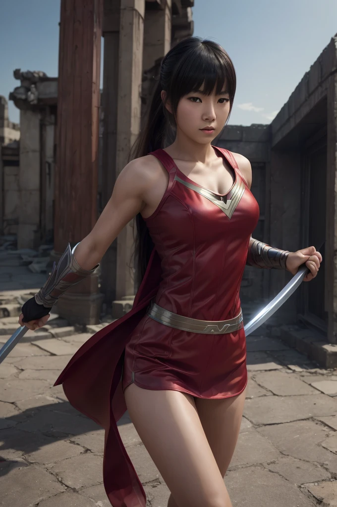 superhero, modern super hero costume, ninja, with a Chinese sword, Beautiful Chinese woman, 20 years, Chinese woman with bangs: athletic girl; courageous character, Kind, Brave, on the battlefield, atmospheric perspective, Motion blur, 8k, super detailing, Best quality, uhd, high detail