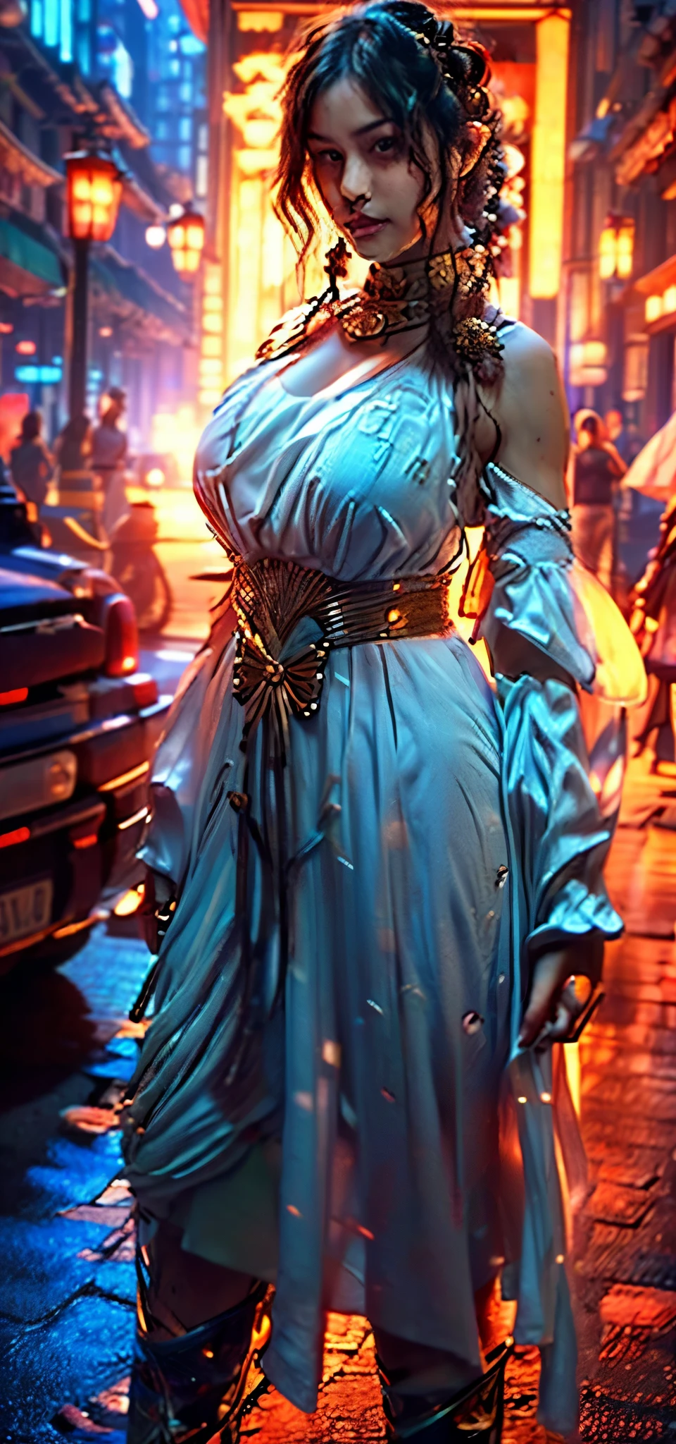On the summer streets, a girl in a floral maxi dress stands by the roadside.Highest image quality:1.35), high quality, (8k:1.3), Realistic photos, (A beautiful woman:1.33), (Muscular body:1.2),(Depth of field/1.8), (looking at camera:1.35), Clear focus, (Muscular thighs:1.4), Original Photography, (Stroboscopic photography:1.5), Super Detail, High Detail, high quality, high resolution, (From head to knees:1.4), Masterpiece of art, exquisite work, high quality, and realistic details,which are both sexy and bold, showcasing her confidence and charm.thick thighs,fleshy thighs,revealing her thighs,big natural breasts,huge round breasts,busty mature woman,supermodel figure,perfect body,