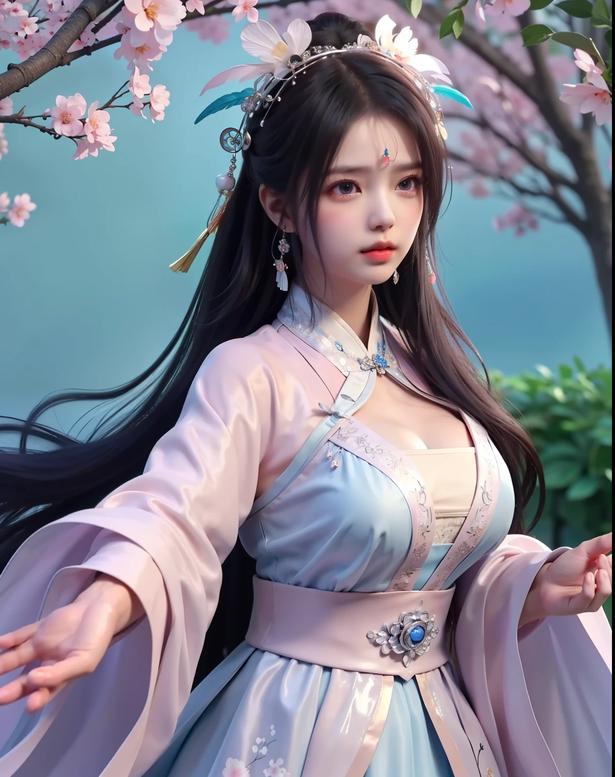 (8k, RAW photo:1.2), best quality, ultra high res,dramatic angle,(fluttered detailed color splashs), (illustration),(((1 girl))),(long hair),(rain:0.9), (Headdress:1.4),There is an ancient palace beside the girl,Hanfu,(Key Points),Color ink painting,(Splash of Color),Splash of Color,(((colorful))),(sketch:0.8) , Masterpiece, best quality, beautiful painted, highly detailed,(denoising:0.6),[splash ink],((ink refraction)), (beautiful detailed sky),moon,highly,detaild,(masterpiece, best quality, extremely detailed） CG Unity 8k Wallpaper，masterpiece，best quality，Ultra Detailed），（Lycoris）. hanfu open v open V-chested clothes Thin silk lace dress , (huge ，cleavage),, white pinkand gren，best qualtiy，tmasterpiece，Ultra-high resolution，（Reality：1.4），RAW photogr，（True skin texture：1.3），（filmgrain：1.3），（Selfie angle），1个Giant Breast Girl，Beautiful eye and face details，tmasterpiece，Best quality at best，，The chest more exposed， detailed hair, bra pink , detail 8k, upper body, lace petticoat