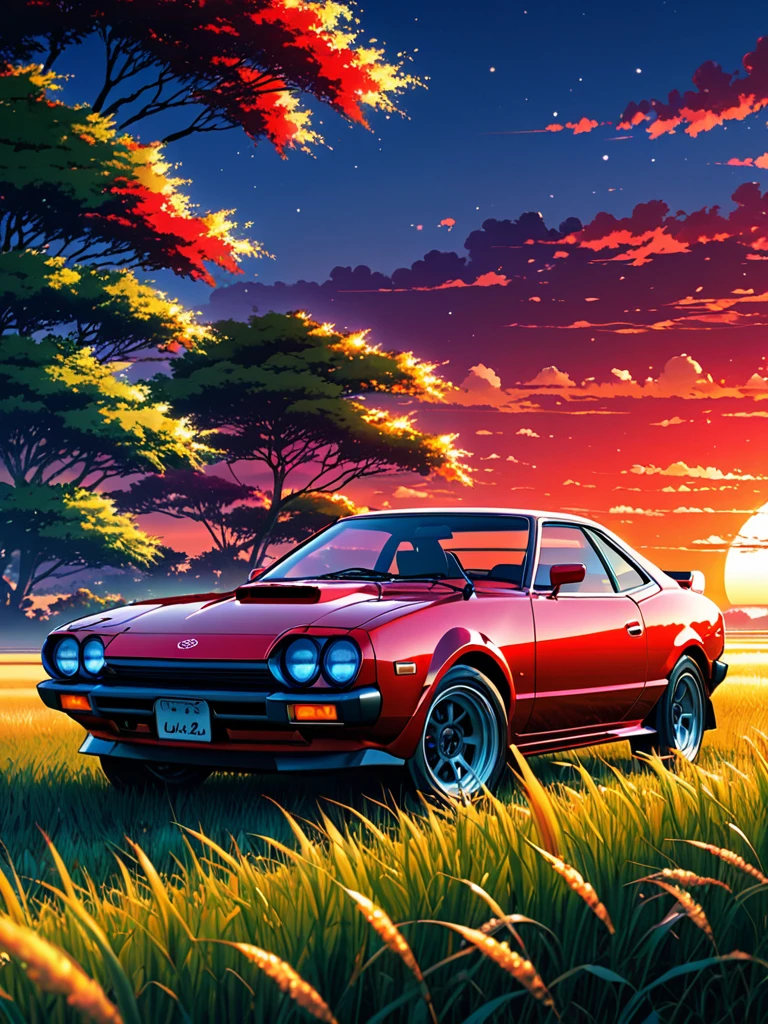 anime landscape of A pearl super laser vivid red metalic pearl color classic Toyota Celica sport sits in a field of tall grass with a sunset in the background.beautiful anime scene, beautiful anime peace scene, Makoto Shinkai Cyril Rolando, beautiful anime scene, amazing wallpaper, anime art wallpaper 8k, anime background, artistic anime background, anime wallpaper 4k, anime art 4k wallpaper, anime wallpaper art 4k,