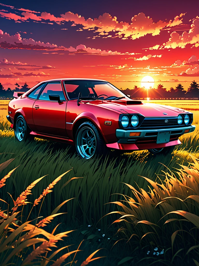 anime landscape of A pearl super laser vivid red metalic pearl color classic Toyota Celica sport sits in a field of tall grass with a sunset in the background.beautiful anime scene, beautiful anime peace scene, Makoto Shinkai Cyril Rolando, beautiful anime scene, amazing wallpaper, anime art wallpaper 8k, anime background, artistic anime background, anime wallpaper 4k, anime art 4k wallpaper, anime wallpaper art 4k,