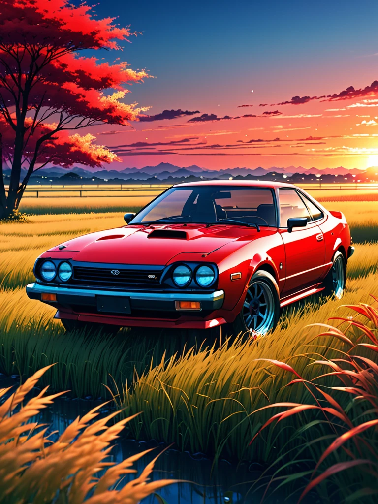 anime landscape of A pearl super laser vivid red metalic pearl color classic Toyota Celica sport sits in a field of tall grass with a sunset in the background.beautiful anime scene, beautiful anime peace scene, Makoto Shinkai Cyril Rolando, beautiful anime scene, amazing wallpaper, anime art wallpaper 8k, anime background, artistic anime background, anime wallpaper 4k, anime art 4k wallpaper, anime wallpaper art 4k,