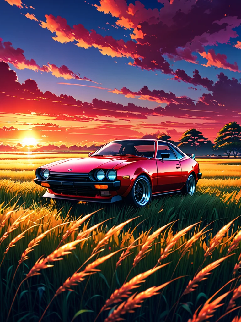 anime landscape of A pearl super laser vivid red metalic pearl color classic Toyota Celica sport sits in a field of tall grass with a sunset in the background.beautiful anime scene, beautiful anime peace scene, Makoto Shinkai Cyril Rolando, beautiful anime scene, amazing wallpaper, anime art wallpaper 8k, anime background, artistic anime background, anime wallpaper 4k, anime art 4k wallpaper, anime wallpaper art 4k,