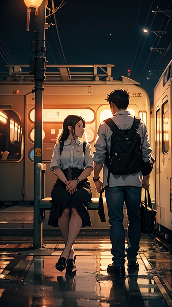 a couple sitting at a railway station, night scene, train approaching, couple wearing short clothes, detailed faces, 