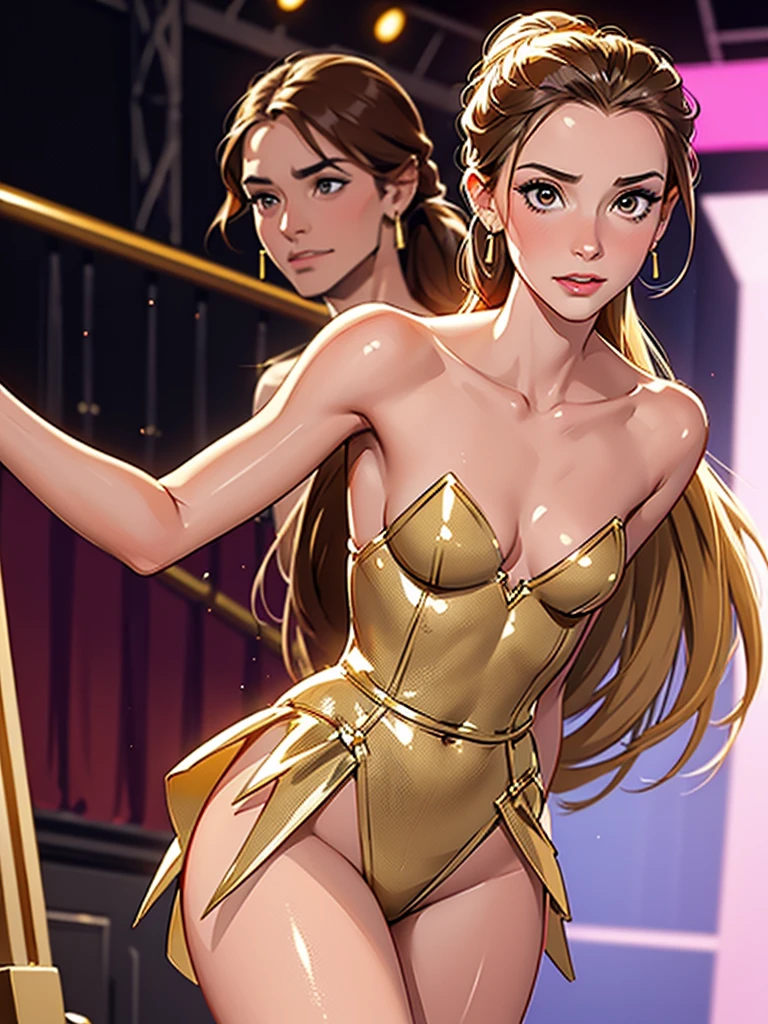 1girl,a beautiful fashion model ,(masterpiece, official art, best quality) (perfect eyes) ,long and shiny brown hair, highlights in hair, hair strand between eyes, full lips, upturned nose medium , , elegant makeup, exhibitionism, naked in public, , slim thighs, toned body, shiny skin, sexy pose,,(( (slender, skinny, slim))), gold hoop earrings, pink eyeshadow, cute face, (((girl with man))) embarrassed, coy, surprised, blush, glittery skin, girl dancing on stage, skinny thighs, narrow hips, skirt lift, GOLD OUTFIT, slutty
