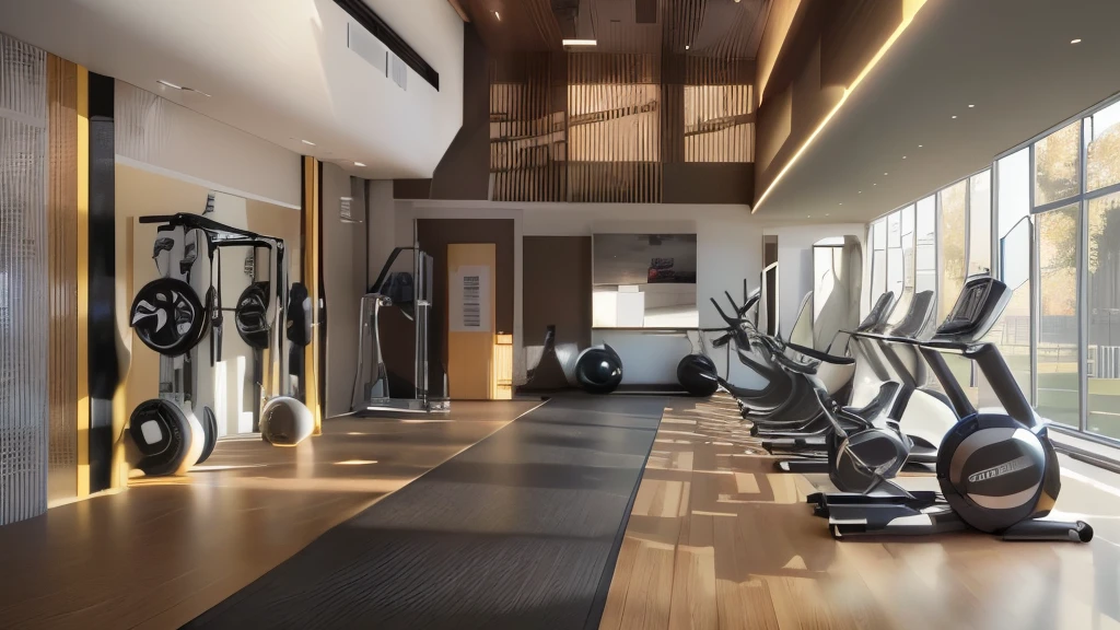 there is a Gym room with a treadie and a Gym equipment, 逼真的物理Rendering, Running woman, Exquisite facial features, exercise, background a Gym, Gym, Architectural renderings, 高品质Rendering, in a Gym, Luxurious environment, 基于物理的Rendering, Natural light as background, Filled with natural light, Rendering, 高质量Rendering, Highly detailed interior, 阿诺德Rendering
