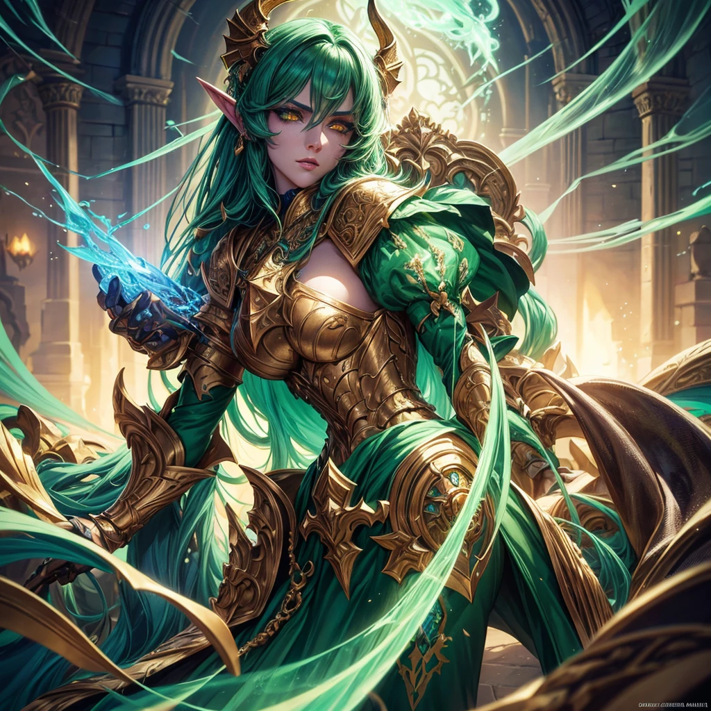 Emerald hair, yellow eyes, tiefling female paladin, beautiful detailed eyes, beautiful detailed lips, extremely detailed face, long eyelashes, fantasy art, digital painting, concept art, cinematic lighting, dramatic, epic, highly detailed, 8K, photorealistic, volumetric lighting, vibrant colors, fantasy character, magic, divine, glowing aura, ornate armor, heroic pose