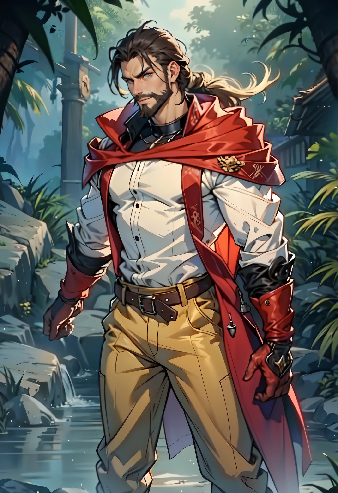 (masterpiece:1.2, best quality:1.2, extremely delicate:1.2), ((male:1.5)), a middle-aged man with slicked-back brown long hair, golden parted bangs, raised thick eyebrows, sharp eyes, rugged features, a full beard, a confident smile, tall and sturdy build, a fantasy martial arts style white open-chest silk coat with a long hem, a yellow shawl, long gloves, a leather belt, canvas trousers, standing in a sunny desert oasis, this character embodies a finely crafted fantasy martial arts style desert ruler in anime style, exquisite and mature manga art style, dramatic, high definition, highres, ultra-detailed, ultra-fine painting, professional, perfect body proportions, golden ratio, anatomically correct, symmetrical face, extremely detailed eyes and face, high quality eyes, creativity, RAW photo, UHD, 32k, Natural light, cinematic lighting, (masterpiece-anatomy-perfect:1.2)