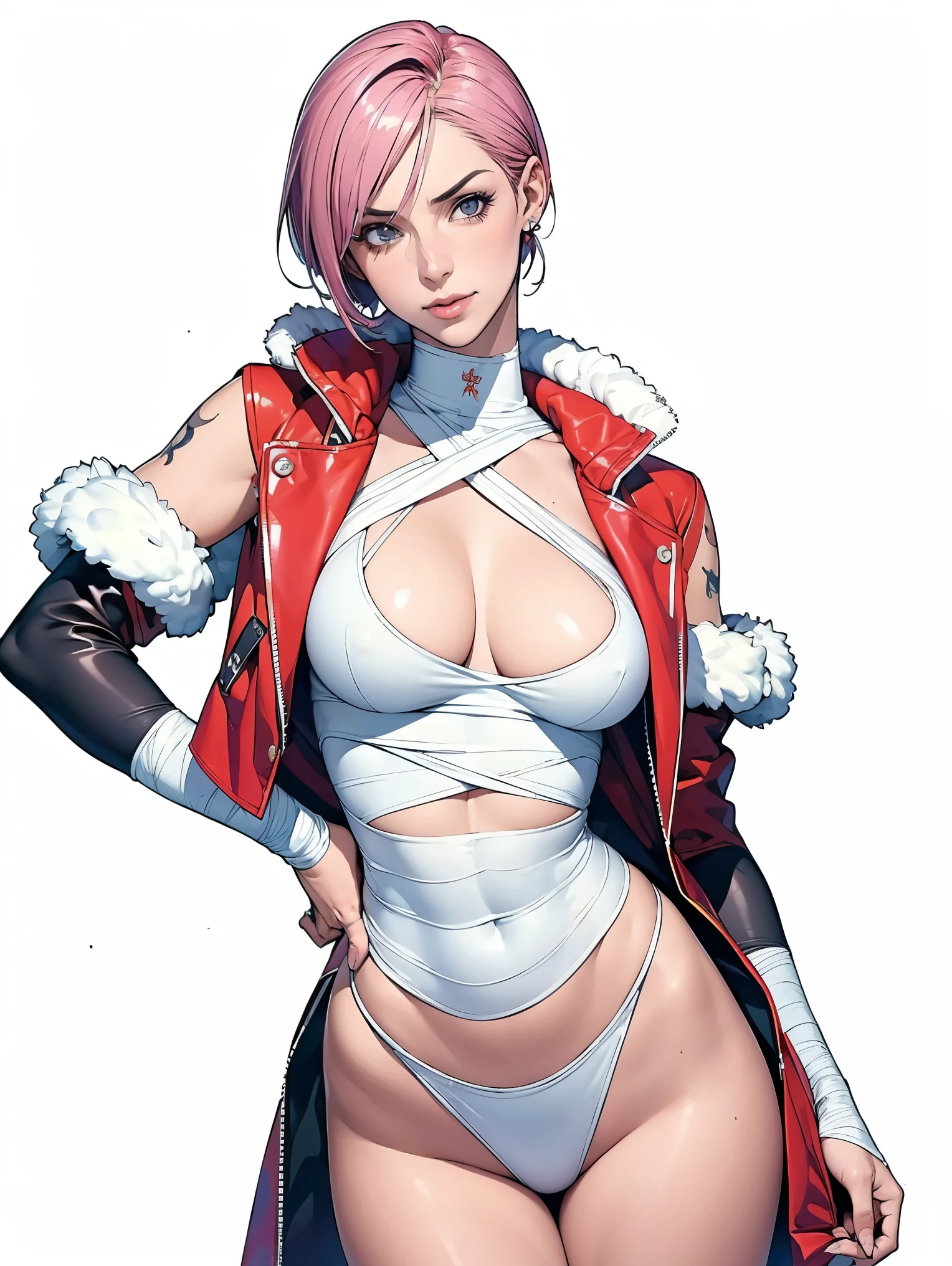 (((Annie Lennox))), (((colorful suit))), (scars), (((bandaged arms))), (((colorful clothes))) (( hood)), (((best quality: 1.4))), (Unbeatable masterpiece), (hyper HD),(CG 8k hyper-realistic), brave face, (((breasts big))), (((hyper feminine))), sexly girl, black tattoo,（ultra short red hair with white highlights)), ((( sculptural body ))), (((1 Kizi))), Kizi tatuada de 25 anos com perfect body,,Beautiful and well-groomed face,muscular body:1.2,solid color detailed jacket, (Head to thigh photos)， Complex equipment, ，Tight clothes，With white stars and off-white stripes,,,,,Armor Metal Electronic Parts, Poison tattoos ) INFO, Kizi, (((standing alone))), , 24歳, sexy, pose de attitude, work of art, dancing, ((slight smile)), post-apocalypse, (((manga style))), bounty hunter, the way you want, perfect body, roupa moderna, advanced technology, white, yellow accent, black, red accent, fur collar jacket, sleeves with vertical striped pattern, background city, (( cowboy shot )). intricate visual, narrow waist, (((wide hips))), wide hips, fit thighs, (((thigh gap))), Thigh gap, background shows a futuristic airplane