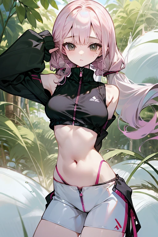 (((scrawny))),(Wheat skin),(Dark Skin),((high school student)),((tanlines)),(side ponytail,ahoge,One eye is covered by hair),((Purple Hair)),(fluorescent pink streaked hair),(Green Eyes),Slanted Eyes,Scrunchie,BREAK,(Micro Bikini),((Transparent vinyl raincoat))