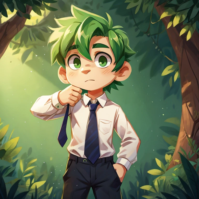 boy green hair and green eyes, White shirt with tie, Black pants 