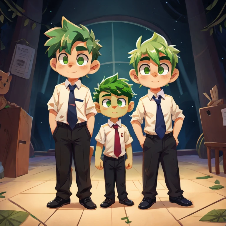 boy green hair and green eyes, White shirt with tie, Black pants 