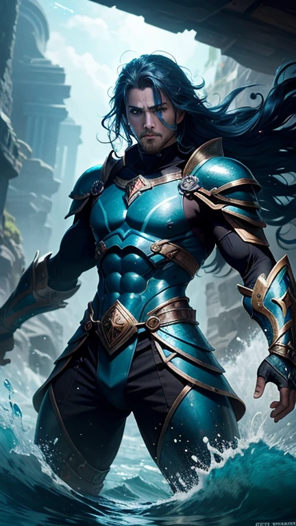 A mysterious warrior emerges from the depths of the sea in Atlantean armor, ready to defend his kingdom against any threat. His luminescent blue eyes reflect the power and wisdom of the oceans.