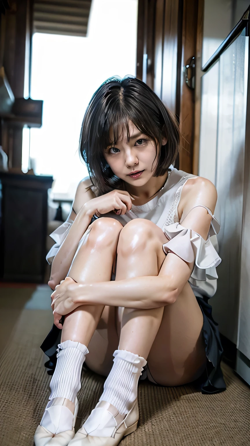 (Girl sitting on chair:1.2、Spread your legs)、((Ruffled blouse、Pleated mini skirt:1.5、Wearing knee-high socks:1.4、Detailed white panties、cameltoe)、the wind is strong、(Realistic、Like a photograph、Live Action、8k, Realistic, RAW Photos, Best image quality: 1.4), Single-lens reflex camera、RAW Photos, Highest quality, Realistic, Highly detailed CG Unity 8k wallpaper, Written boundary depth, Cinematic Light, Lens flare, Ray Tracing, Realistic background、((ultra high density skin))、 16-year-old girl、Cute Japanese Girl、(whole body:1.5)、Very detailedな顔，avert your eyes:1.1、(short hair:1.2、Shortcuts:1.4)、I like that style、stylish、Very detailed、Pay attention to the details、Perfect outfit、(Sunburned skin)、Front view、Accurate hands、Accurate legs、Detailed hands and fingers、Anatomically correct body、Thin legs、Thin thighs、Large Breasts