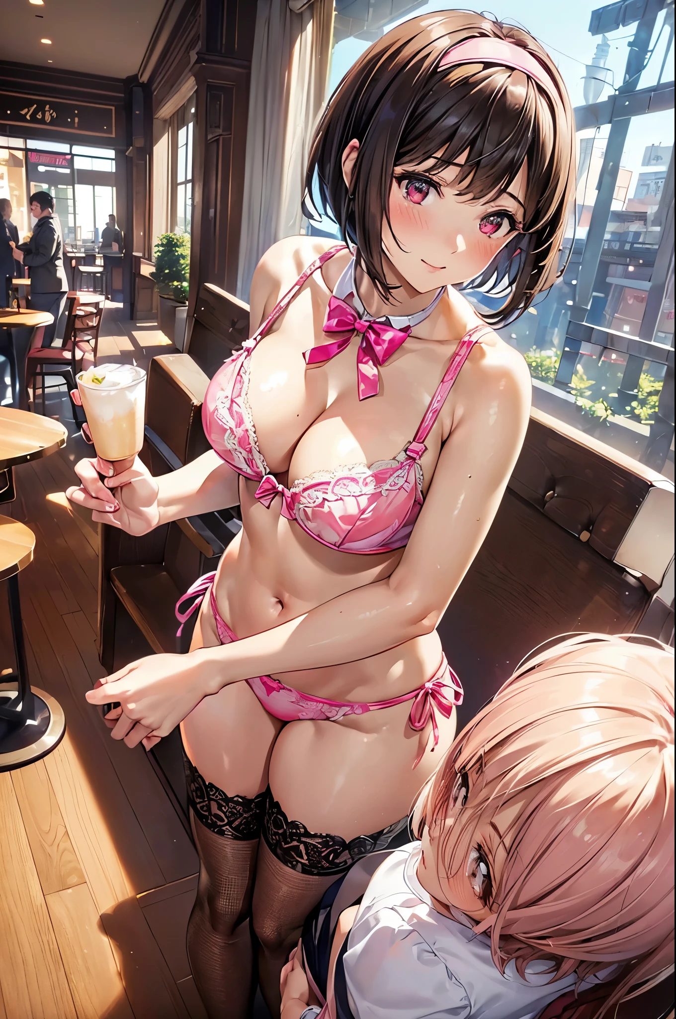 (((masterpiece, Highest quality, High resolution, 超High resolution, Perfect Pixel, Depth of written boundary, 4K, RTTX 10.0))), Beautiful Anime Woman, Beautiful art style, Anime characters, ((Smooth texture, Realistic texture, Anime CG Style)), Perfect and accurate finger count、Exact number of legs、(Exact number of arms:1.0, Exact number of hands:1.0), (Perfect hands, Perfect Anatomy), Cinematic, Realistic, Extremely detailed CG, Daytime lighting, Perfect lighting, Best Shadow, The best natural light, whole body, Perfect body, バランのとれたPerfect body, Perfectly balanced style, Slender body, ((bangs, Dark brown hair, Bobcut)), ((A cute adult woman is standing facing this way:1.8)), ((Bow tie around neck:1.3), (Sexy and cute pink underwear:1.3), (Stylish shiny pink satin panties, Side-tie panties, Panties with plain pink center and lace decoration on the sides:1.4), (Pink micro lace satin bra, Pink bra with lace trim around the edges:1.4), (lace garter belt, Garter Strings, Knee socks:1.3), (Big frilly headband:1.3):1.3), (Beautiful big boobs:1.1), (Embarrassed expression:1.7), blush, (Stylish restaurant, Many visitors in the background, Inside the crowded store, Tables and chairs filled with male customers, Many men sitting at tables and chairs, The attention men are giving her:1.7), naked, In underwear, Angle from the front, Nakaseko Kaori