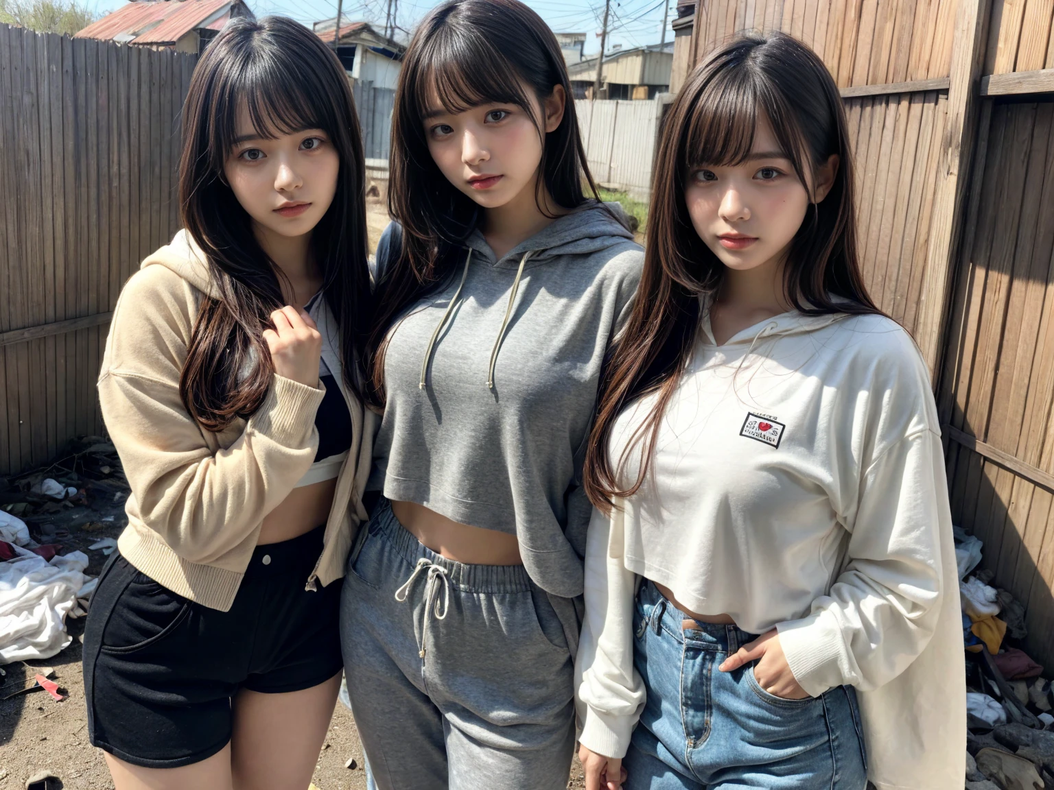 masterpiece, best quality, illustration, Super detailed, fine details, High resolution, 8K,wall paper, perfect dynamic composition,(Details High quality, realistic depiction of eyes:1.3), (2 girls), oversized sport shirt, shorts women, small backpack, short bob hair, black hair color, Big Natural Color Lip, sexy pose, crying a little、Harajuku style、20 year old girl、cute type、lolita, hposing Gravure Idol, full body photo、focus on crotch, (huge breasts)