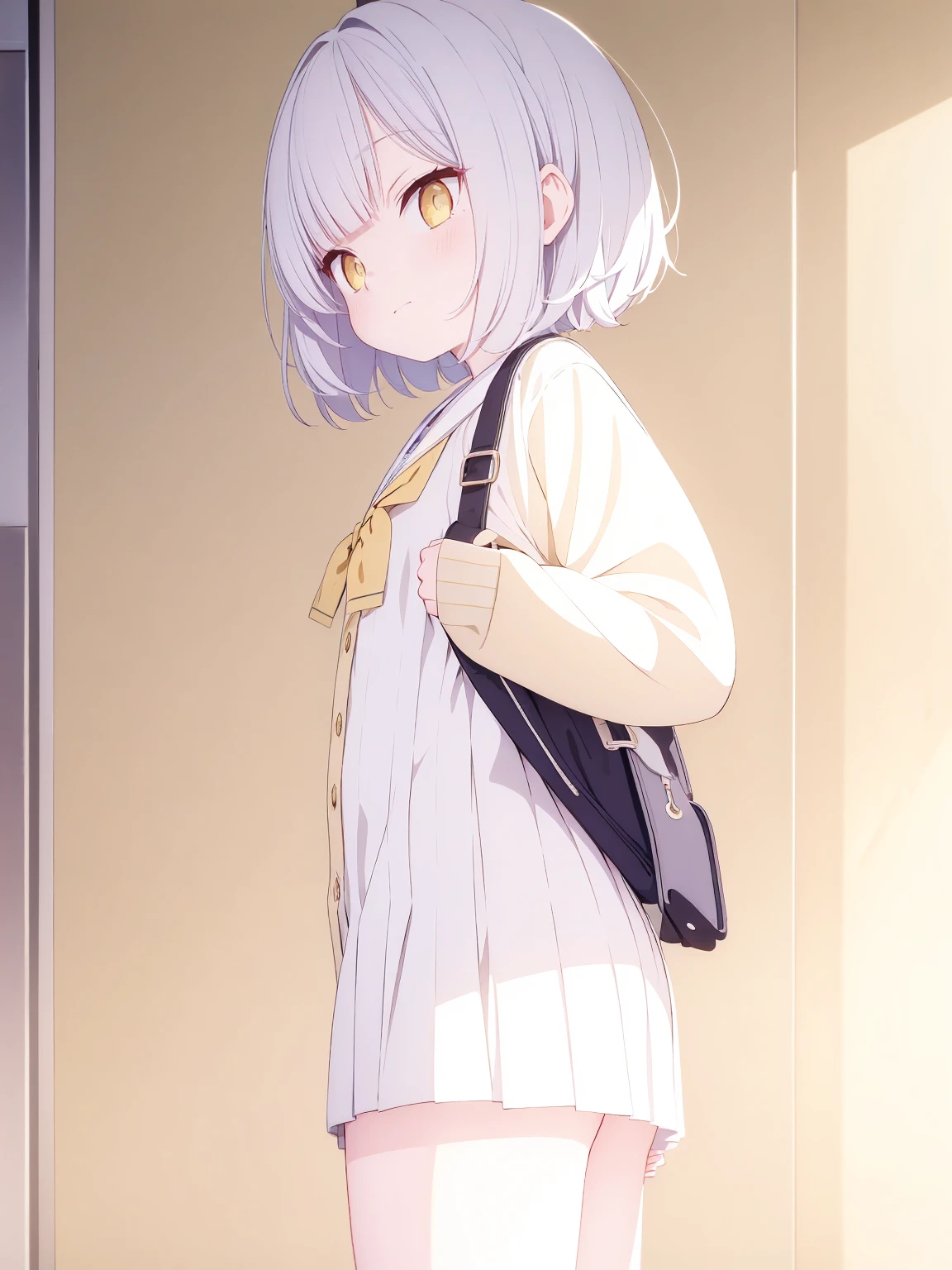 anime, short ashy hair, white skin, wearing a black skirt.,Pastel yellow cardigan, light yellow eyes, chubby, back hair, Not smiling, fierce face