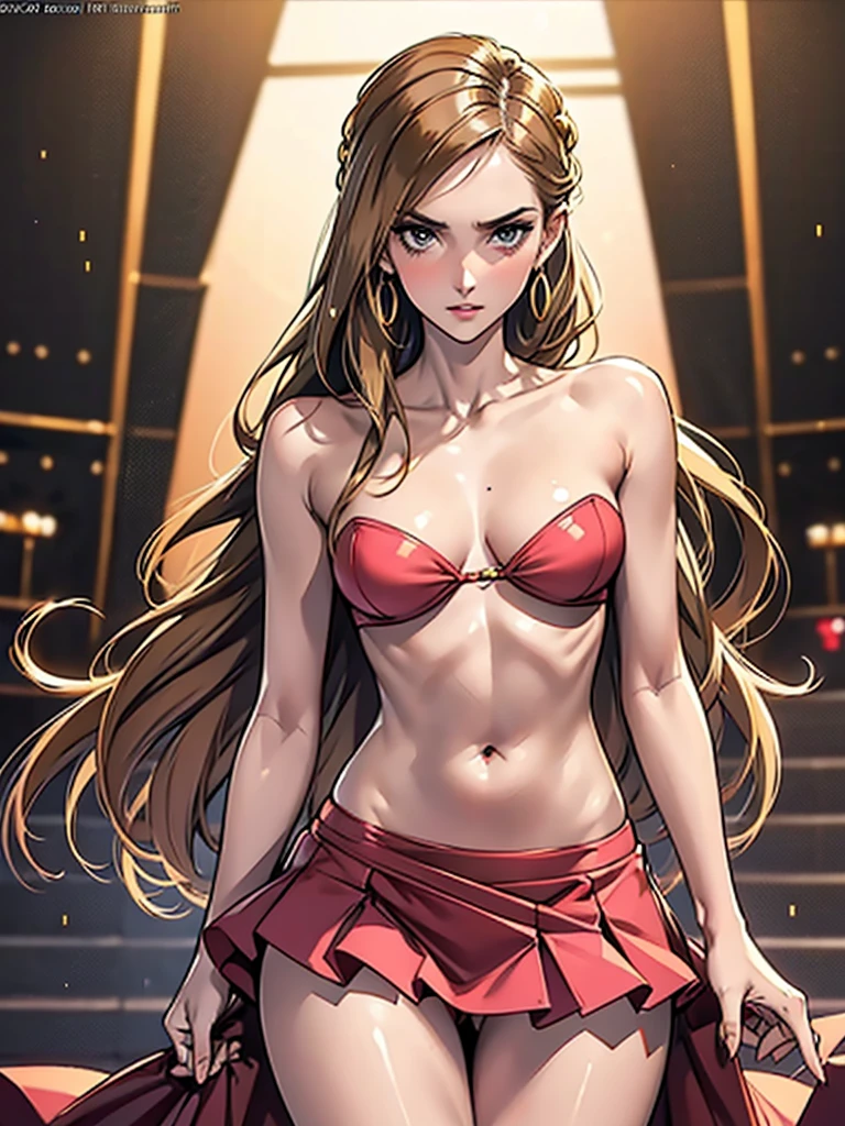 1girl,a beautiful fashion model ,(masterpiece, official art, best quality) (perfect eyes) ,long and shiny brown hair, highlights in hair, hair strand between eyes, full lips, upturned nose medium , , elegant makeup, exhibitionism, naked in public, , slim thighs, toned body, shiny skin, sexy pose,,(( (slender, skinny, slim))), gold hoop earrings, pink eyeshadow, cute face, (((girl with man))) embarrassed, coy, surprised, blush, glittery skin, girl dancing on stage, skinny thighs, narrow hips, skirt lift, GOLD OUTFIT, slutty