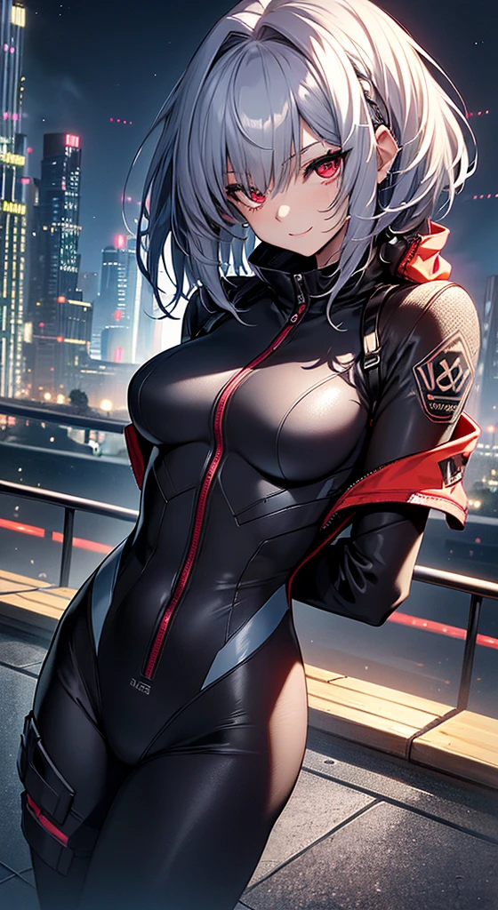 top-quality、Top image quality、in 8K,4K,​masterpiece、、ultra-detailliert、Beautiful、ultra-quality、adult-like、Cool、girl with(((18year old、rubbersuit:1.2、、silber hair、a short bob、Red Eyes、erotick:1.1、Happiness、The tattoo)))、hiquality、visualart、Background with((nightcity:1.2))、masutepiece