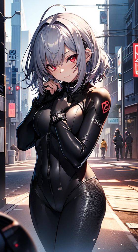 top-quality、Top image quality、in 8K,4K,masterpiece、、ultra-detailliert、Beautiful、ultra-quality、adult-like、Cool、girl with(((18year old、rubbersuit:1.2、、silber hair、a short bob、Red Eyes、erotick:1.1、Happiness、The tattoo)))、hiquality、visualart、Background with((nightcity:1.2))、masutepiece