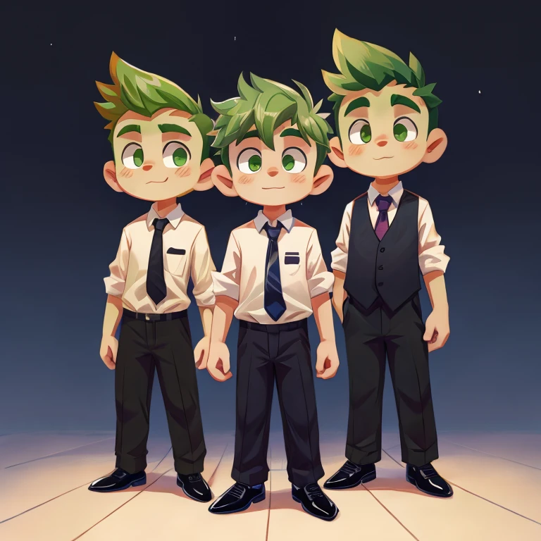 boy green hair and green eyes, White shirt with tie, Black pants, black dress shoes,