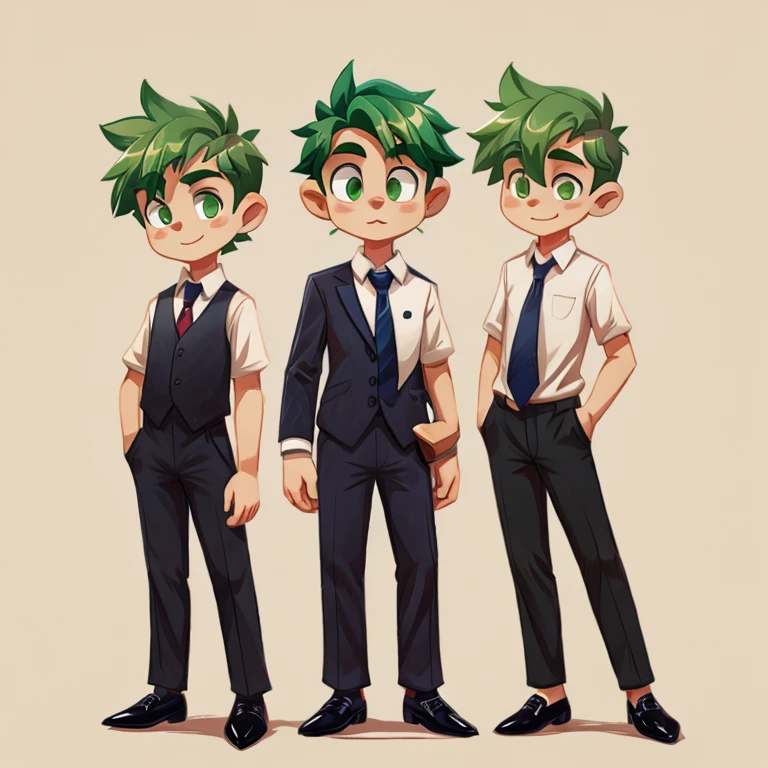 boy green hair and green eyes, White shirt with tie, Black pants, black dress shoes, 