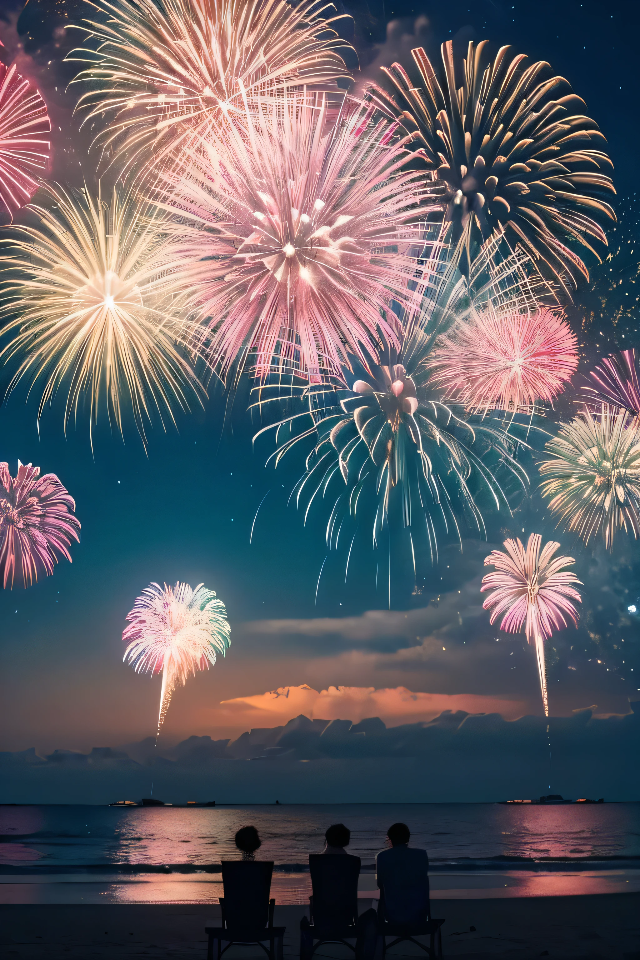 Pale pink fireworks, Heart shaped fireworks, Seaside, No one appears on the screen, A spectacular meteor shower can be seen in the background sky