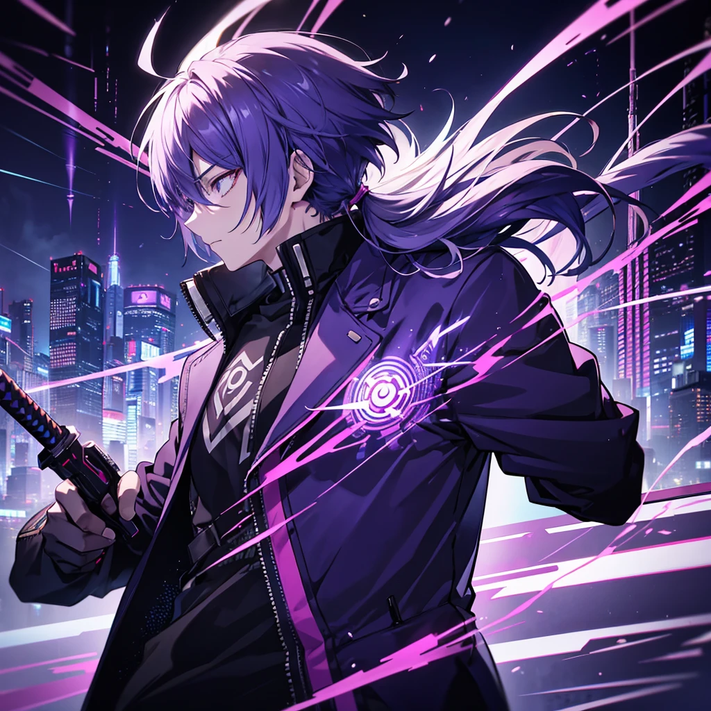 a man with back hair and a purple jacket holding a sword, cyberpunk art inspired by Munakata Shikō, tumblr, digital art, ufotable art style, anime wallaper, profile picture 1024px, trigger anime artstyle, badass anime 8 k, tokyo ghoul, 4k anime wallpaper, jujutsu kaisen, Gojo Satoru,