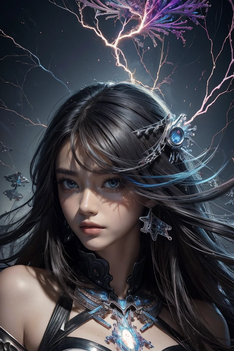 (masterpiece, Highest quality, Highest quality, Official Art, beautifully、aesthetic:1.2), (One girl), extreme detailed,(Abstract, Fractal Art:1.3),Colorful Hair,highest detailed, detailed_eye, thunder、Lightning, Light_particle, Ghost