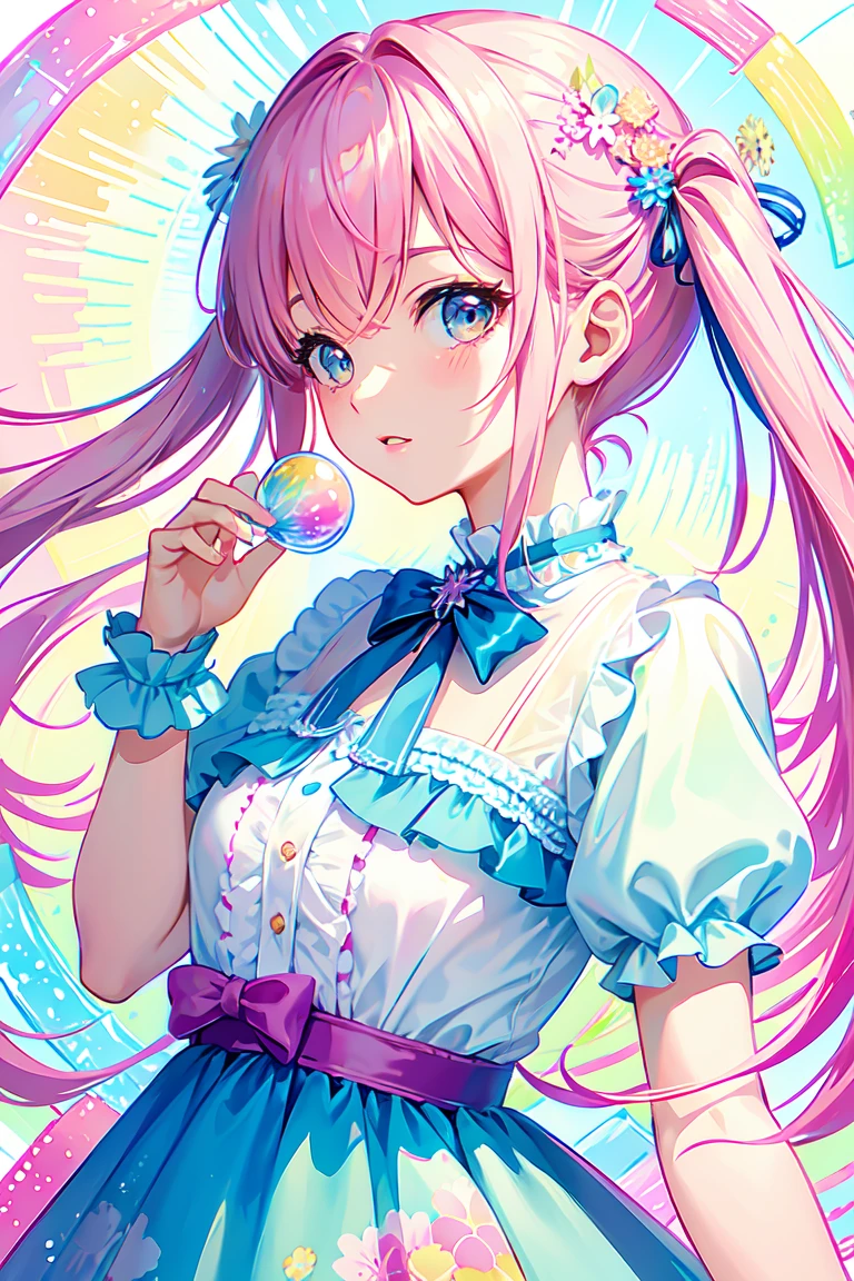 it has been, dreamy cute, shopping, city, Harajuku, (masterpiece, Highest quality, Highest quality, watercolor (middle), Official Art, beautifully、beautiful: 1.2), (2 girls: 1.3), (Fractal Art: 1.3), Upper Body, kiss, Lesbian, Lolita Fashion, Lolita Viewer Watch, pattern, break, (pastel hair: 1.2), break, Soap bubble, Rainbow behind, cloud, colorful, Soap bubble, Spread throughout, cute, pastel,