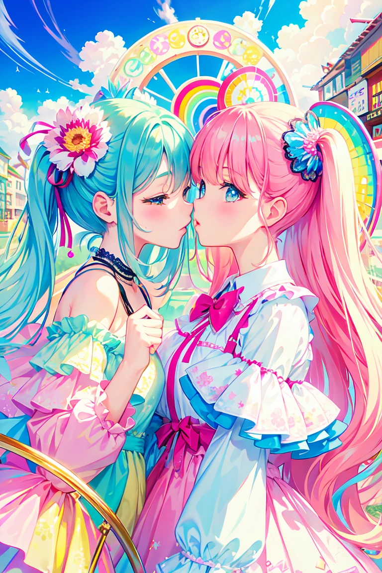 it has been, dreamy cute, shopping, city, Harajuku, (masterpiece, Highest quality, Highest quality, watercolor (middle), Official Art, beautifully、beautiful: 1.2), (2 girls: 1.3), (Fractal Art: 1.3), Upper Body, kiss, Lesbian, Lolita Fashion, Lolita Viewer Watch, pattern, break, (pastel hair: 1.2), break, Soap bubble, Rainbow behind, cloud, colorful, Soap bubble, Spread throughout, cute, pastel,