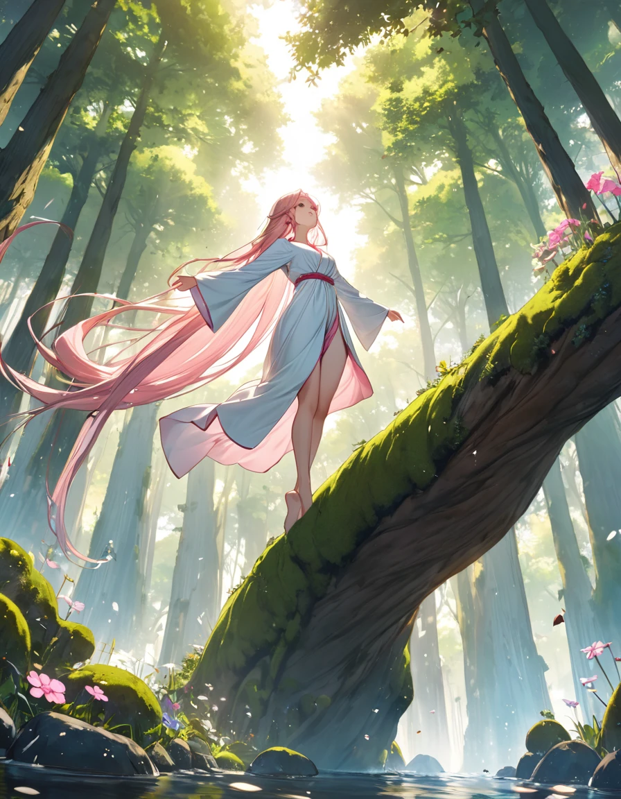 Highest quality, Ultra-high resolution, One Woman、(White and pink super long hair、Big Slender、The long sleeves and hem make the robe small.)、(Stretch your arms out and fall)、((A goddess jumps in from the air.))、 (lake、big tree forest、gravel、Moss、flower、sunlight)、From below、Improve your goddess look、