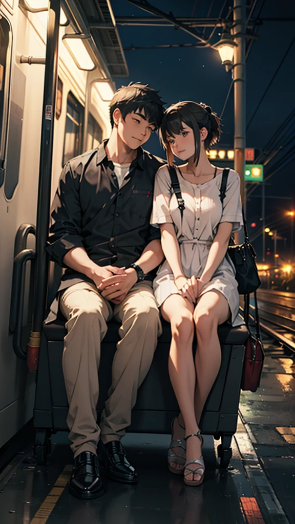a couple sitting at a railway station, night scene, train approaching, couple wearing short clothes, detailed faces,