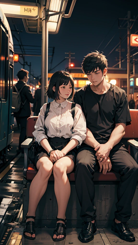 a couple sitting at a railway station, night scene, train approaching, couple wearing short clothes, detailed faces, 