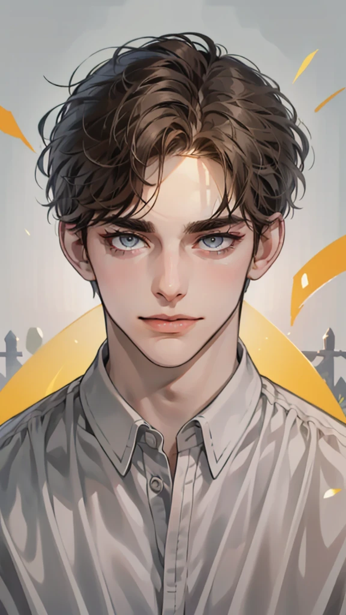 masterpiece, best quality, Practical, 1 person, Mature male, A quiet and charming young man, 25 years old, Fake laugh, Shut up, portrait, Extremely detailed face, sneer, ((Dark grey eyes)), ((Short dark brown hair)), [Thick eyebrows], ((Set)), Handsome, Long Shot, The west, Jewish, Light brown skin
