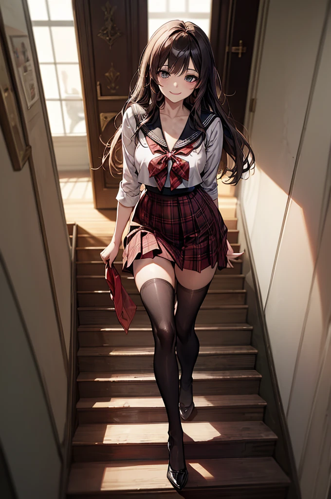 (Biologically correct limb count),Full body, including face,4K,Focus on the masterpiece face,Well-proportioned facial features,Delicate descriptive eyes,One beautiful woman、Excellent style,(Black Sailor Suit,red plaid skirt,Black Stockings),(smile),Looking down,Photos with white borders,Look away from the camera,National Library,walking,Walking down the stairs