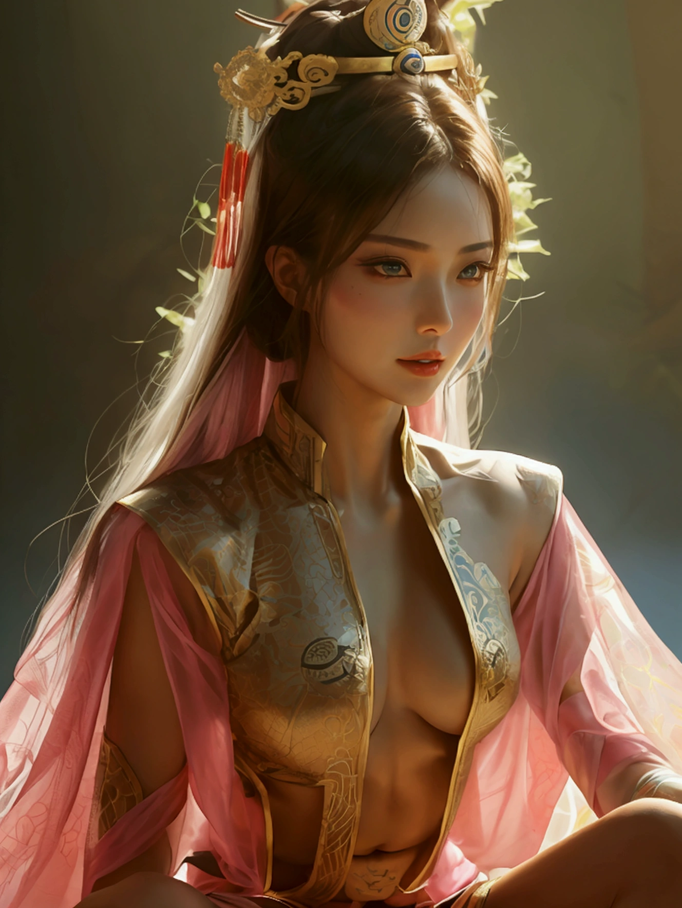 Create an image of a beautiful woman wearing a sexy ancient Chinese warrior costume. She has a slender face, sharp eyes, long hair, an angled face, a high nose, thin lips, a chest size of 32 inches, a waist size of 24 inches, hips size 33 inches, her skin is bright and white. she has brown hair She has pink nipples Her body was slim and muscular like an athlete. And she was enjoying sitting with her legs spread in an M shape, showing off her very attractive genitals.