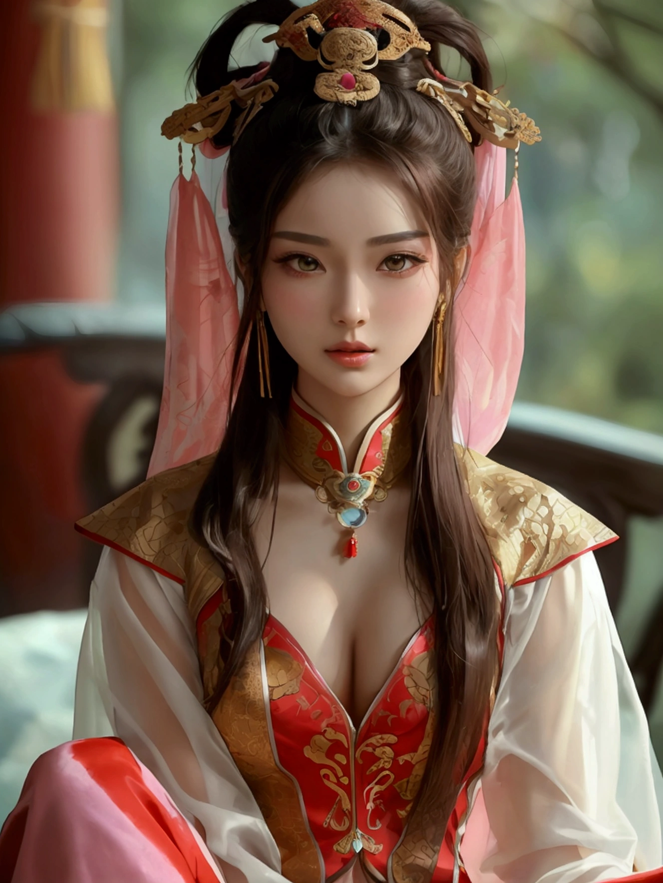 Create an image of a beautiful woman wearing a sexy ancient Chinese warrior costume. She has a slender face, sharp eyes, long hair, an angled face, a high nose, thin lips, a chest size of 32 inches, a waist size of 24 inches, hips size 33 inches, her skin is bright and white. she has brown hair She has pink nipples Her body was slim and muscular like an athlete. And she was enjoying sitting with her legs spread in an M shape, showing off her very attractive genitals.