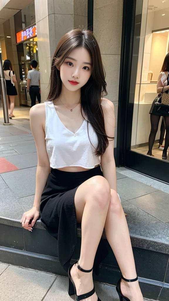 high quality, realistic, Mall, Korean woman window shopping, A dazzlingly beautiful face, slim and nice body, Top and miniskirt, sandals high heels, luxury bag, hot summer in the city, very hot weather, sweating, struggle with the heat, crowded
