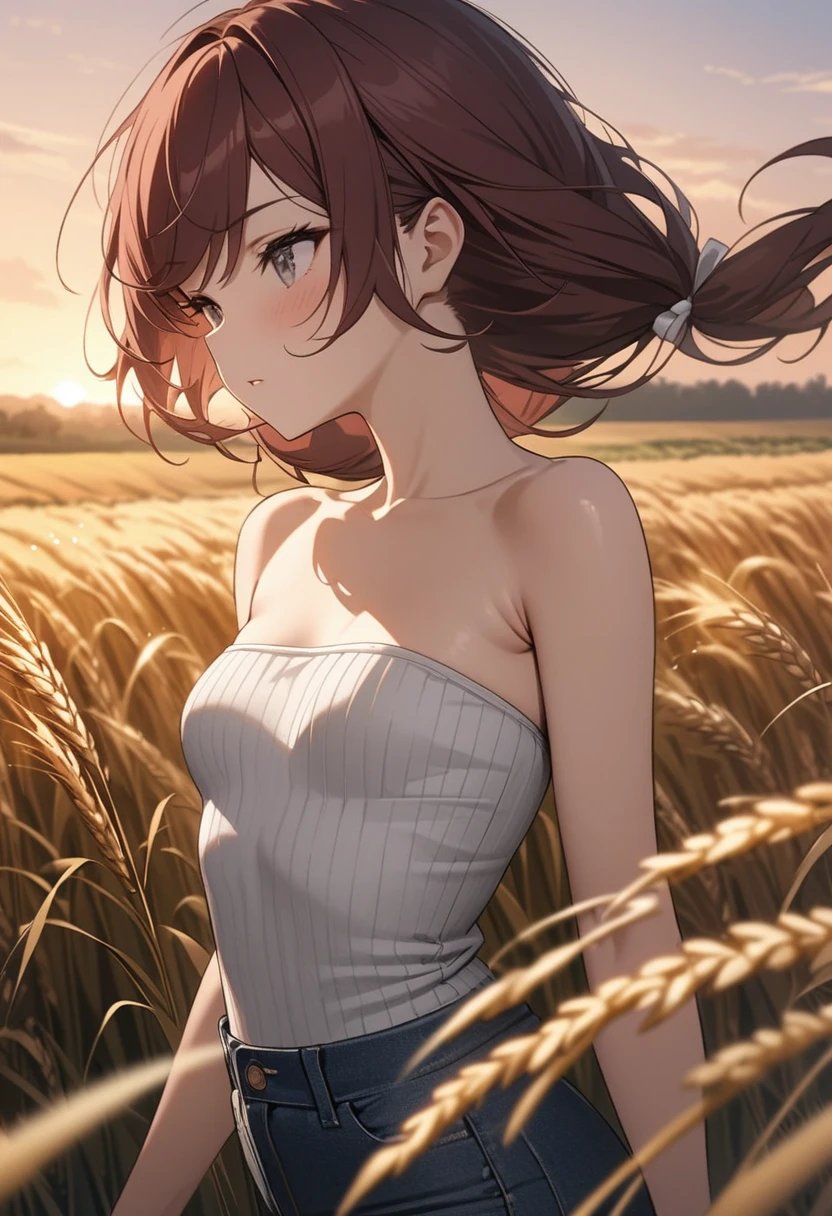 beautiful woman in the field, field of golden wheat,  body, hair blowing in the wind, sunset, beautiful landscape, smile on her face, visible teeth, shapely body, beautiful breas