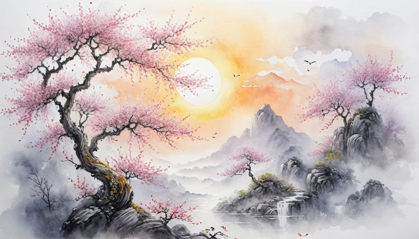 awareness Chinese painting Watercolor drawing, photorealism, slotsi, a mystic, glare of the sun, White background, Pixel study, high detail, tender, realistically, high quality, piece of art, glitter, hyperdetailing, professionally, filigree, mystical haze, super detail, hyperrealism, professionally intricate details, transparently, delicate pastel colors, Backlight.