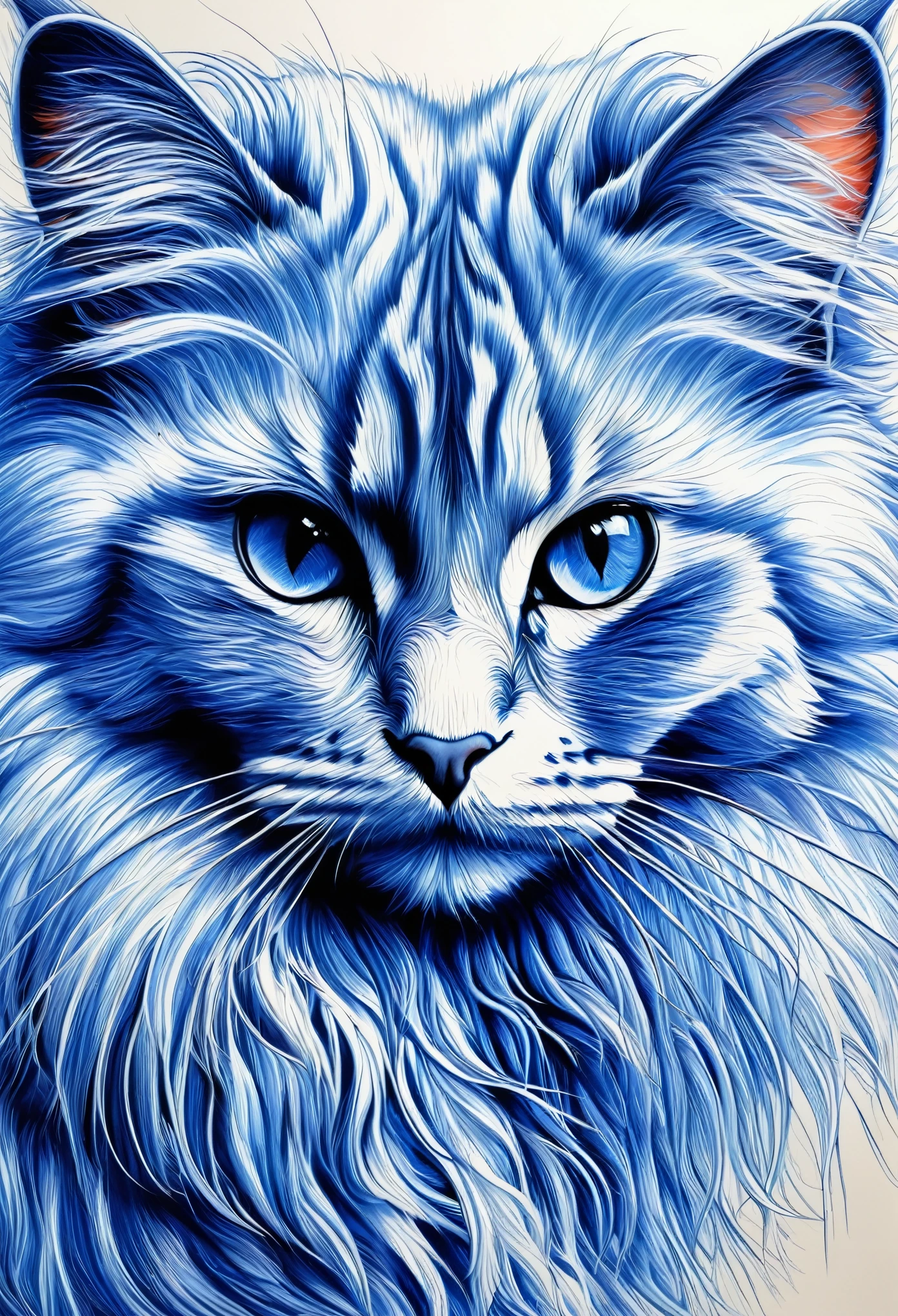 (On recycled bond paper:0.75) draw an angora cat (with divine proportions of professional drawing), with ultra realistic fluffy fur (hyper-realistic details in hair and eyes), intricate details, firm strokes, ((in monochrome tone (color azul BIC), make the drawing based on doodles, crossed and straight strokes and the necessary strokes to give volume, with BIC pen uses the hatching technique for shadows and cross lines (very fine) for highlights and midtones, lying on an armchair.