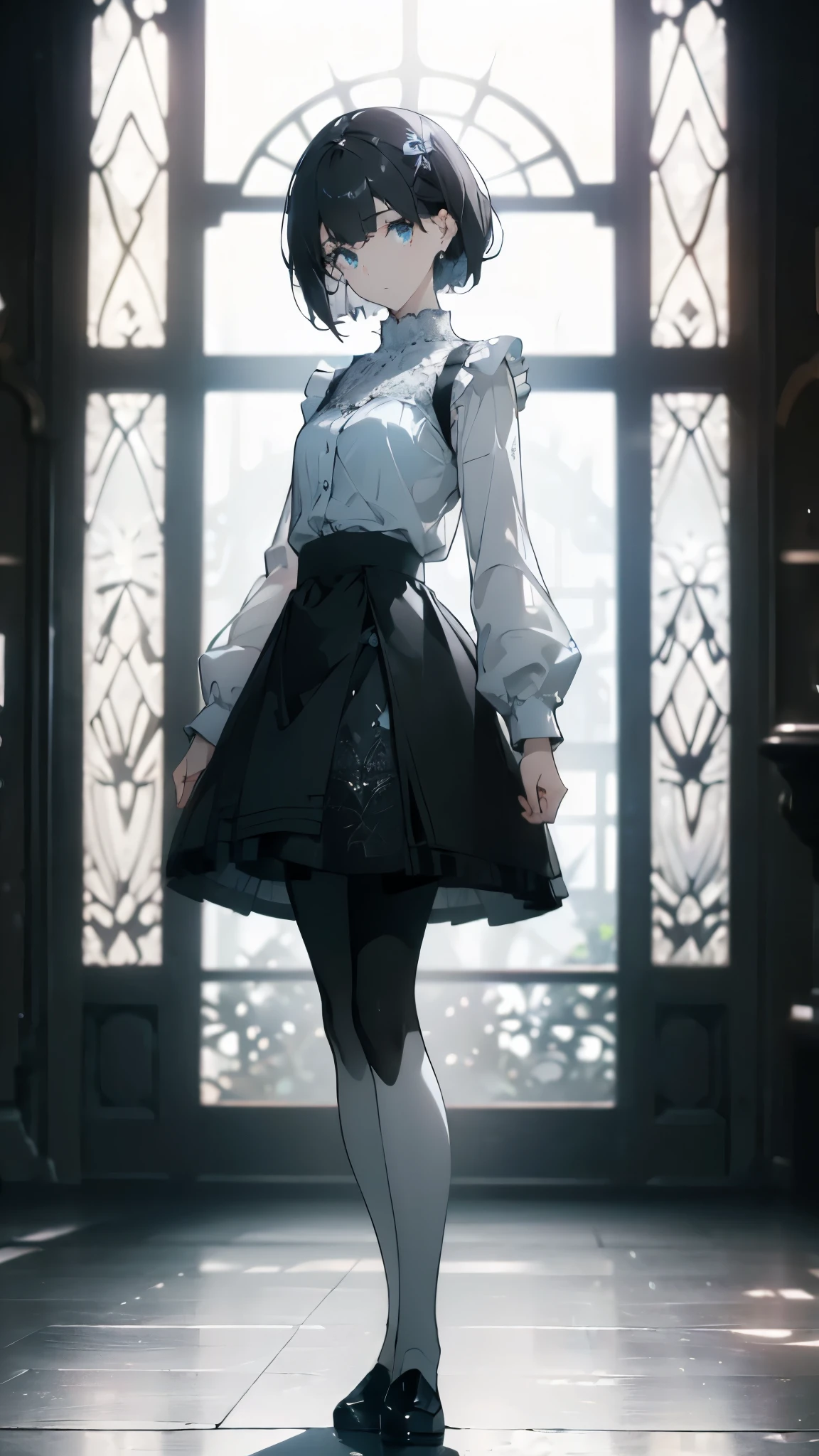 ((masterpiece, best quality)), Pure white background,Delicate face,JK style,whole body,Standing picture,Perfect proportion,Handsome short hair,((Half of her hair is white,The other half is black,Available in two colors)),beautiful eyes,Fantasy style,Extremely beautiful,Transparent underwear,Lace,Pantyhose