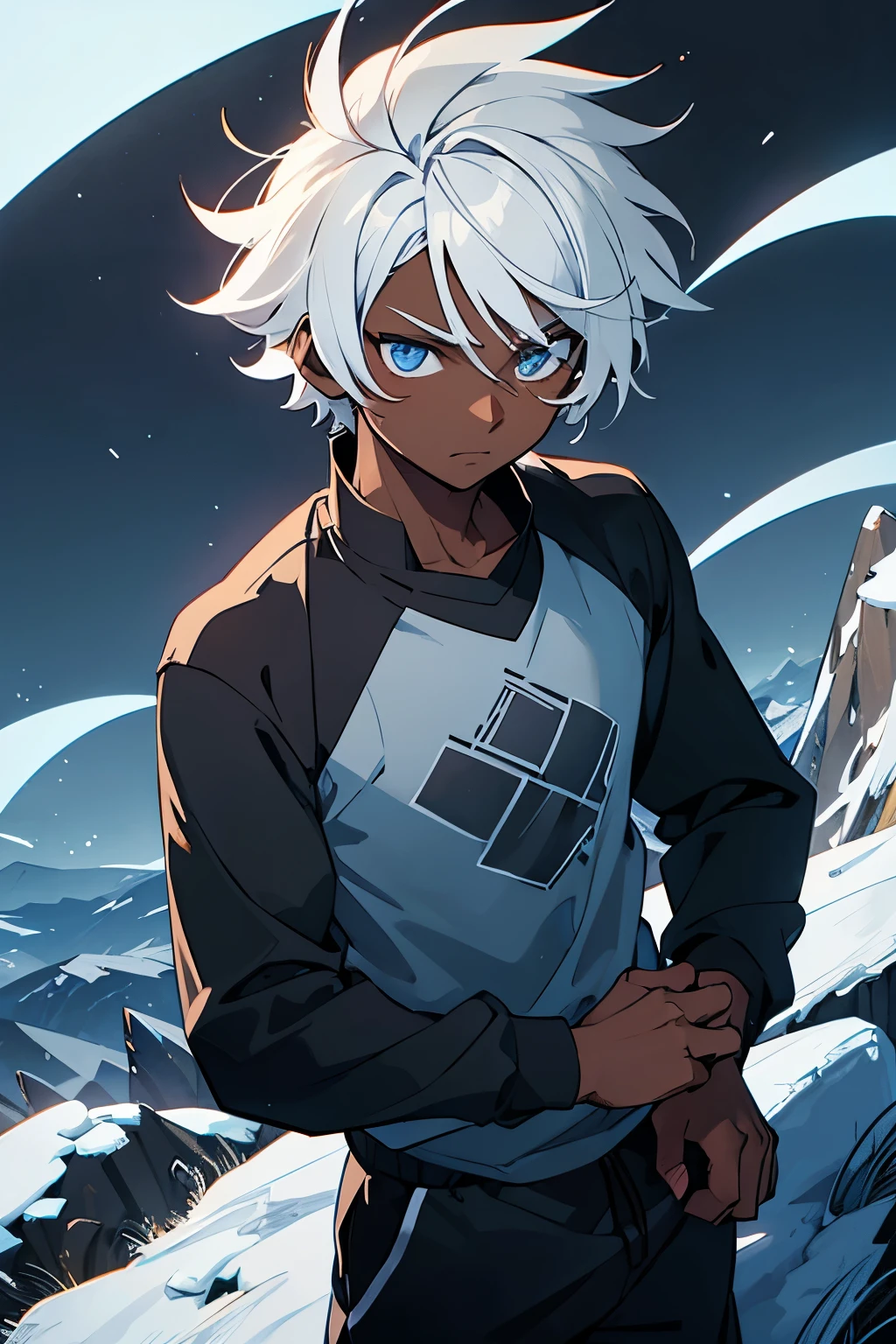 young male, dark skin, white hair, messy hair, light blue eyes, black long-sleeved shirt, black sweatpants, on a mountain at night, cold expression.
